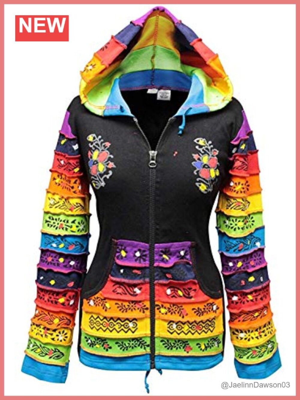 Rainbow Sleeve Flower Patch Hoodie Festival Cardigan Handmade Nepal